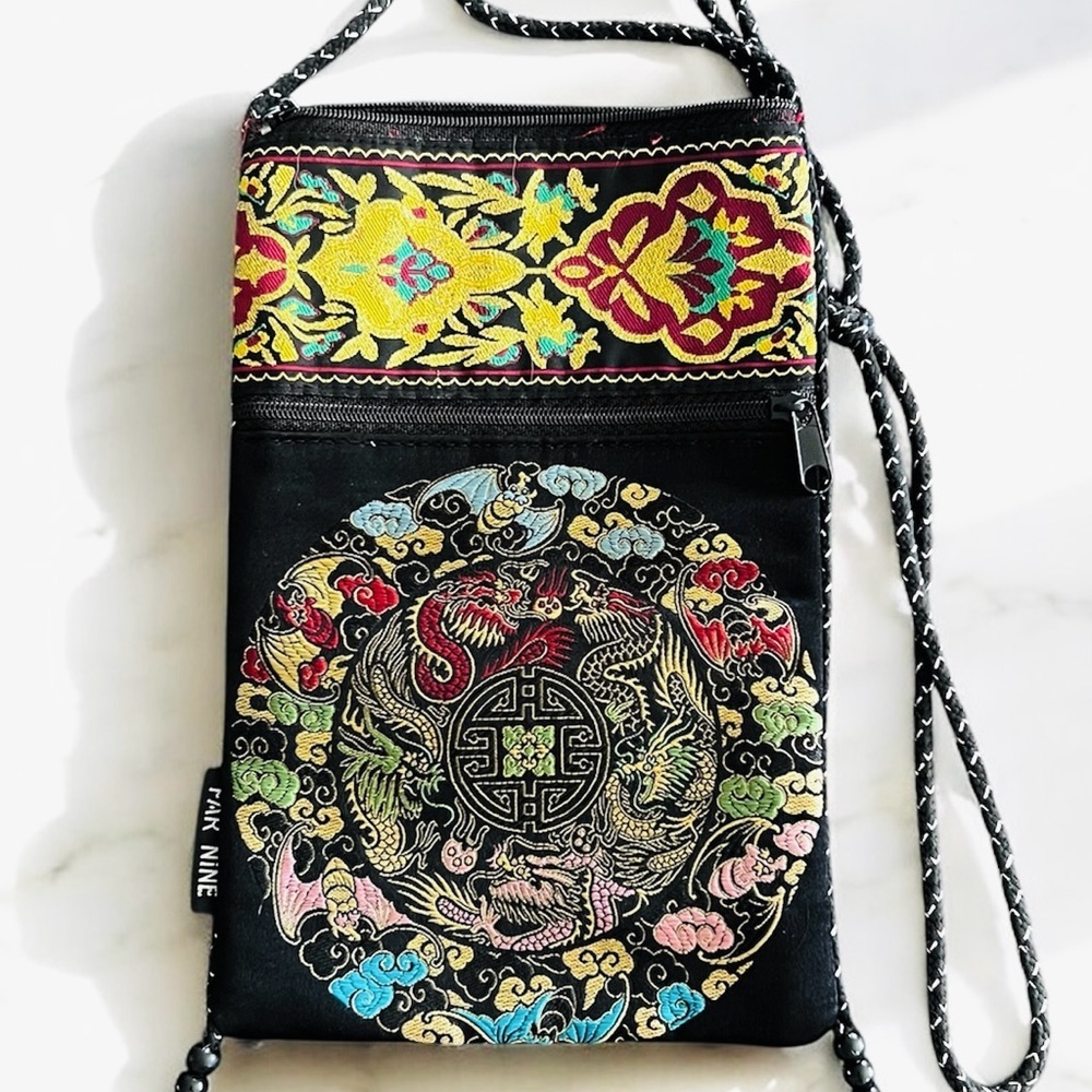 Far Nine Black Embroidered Crossbody Bag with Bohemian Flair